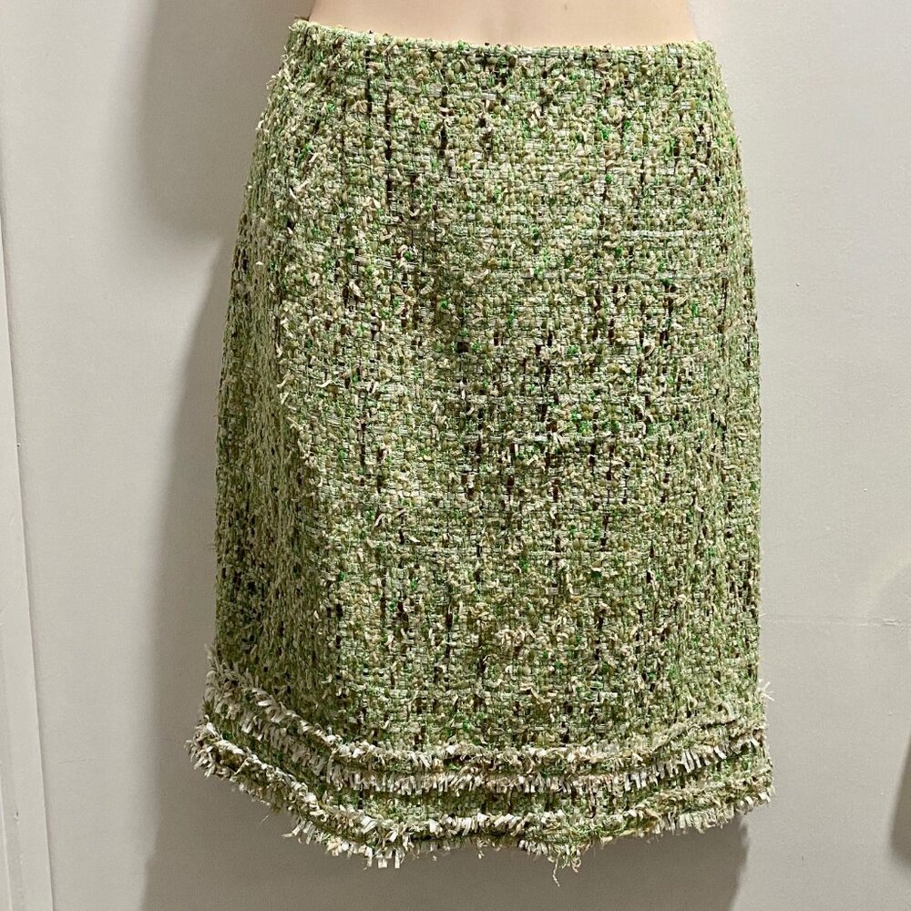 Worth Green Y2K Tweed Preppy Quiet Luxury Boho Green Mini Pencil Lined Skirt 8